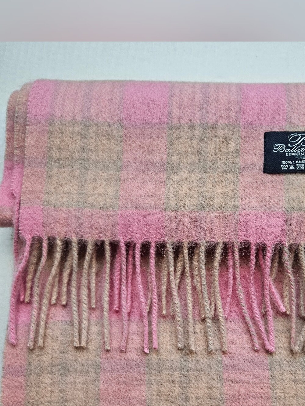 Ballantrae Edinburgh 100% Lambs Wool Plaid ScarfMuted Pink, Tan, & Sage Green
